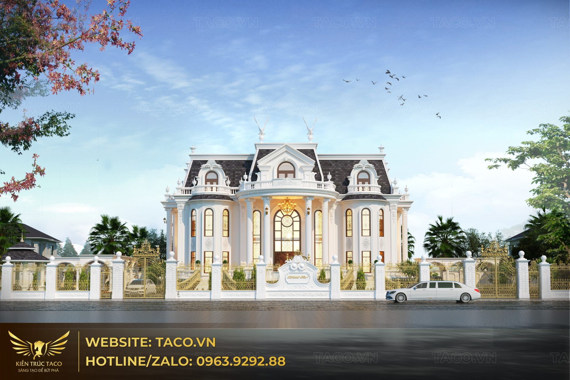 Phối cảnh toàn bộ mặt tiền mẫu lâu đài đẹp tân cổ điển bao gồm cổng, hàng rào