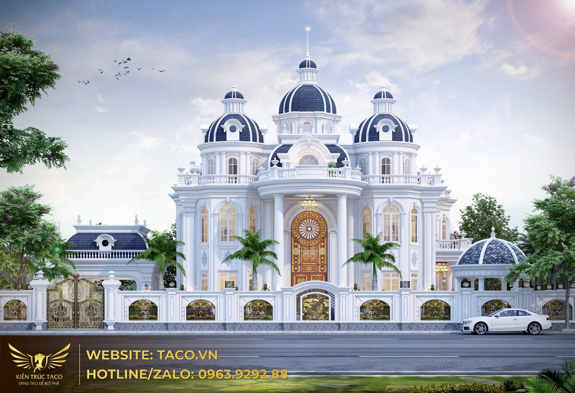 Phối cảnh toàn bộ mặt tiền mẫu lâu đài đẹp tân cổ điển 3 tầng bao gồm cổng, hàng rào