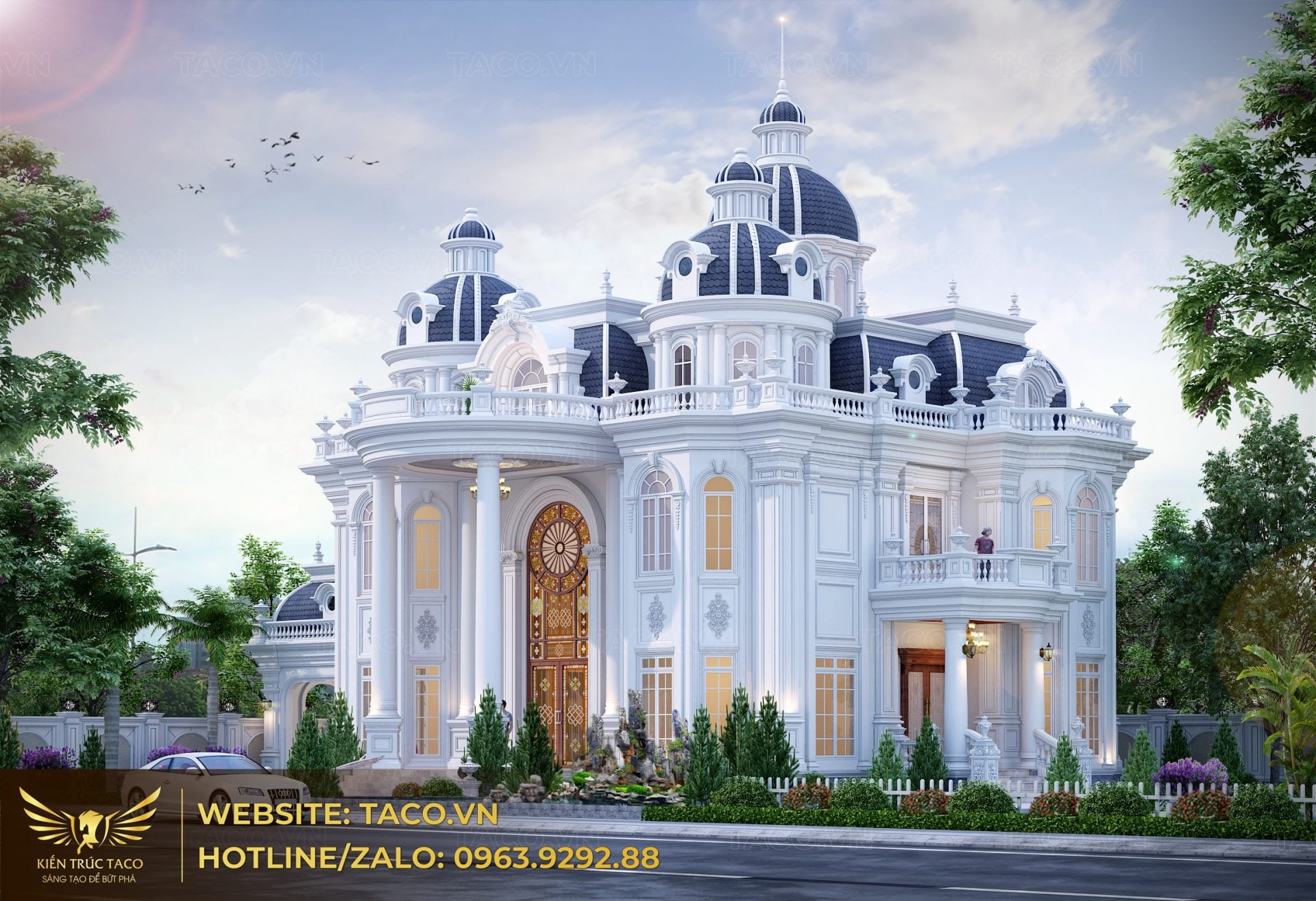 Phối cảnh mặt tiền sảnh phụ bên phải của lâu đài đẹp tân cổ điển 3 tầng
